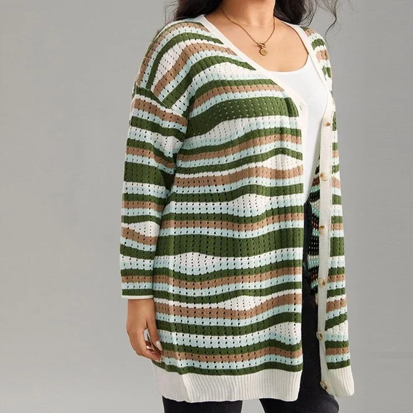 BLOOMCHIC Striped Contrast Button Up Hollow Out Cardigan Size 5X NEW - Picture 13 of 16